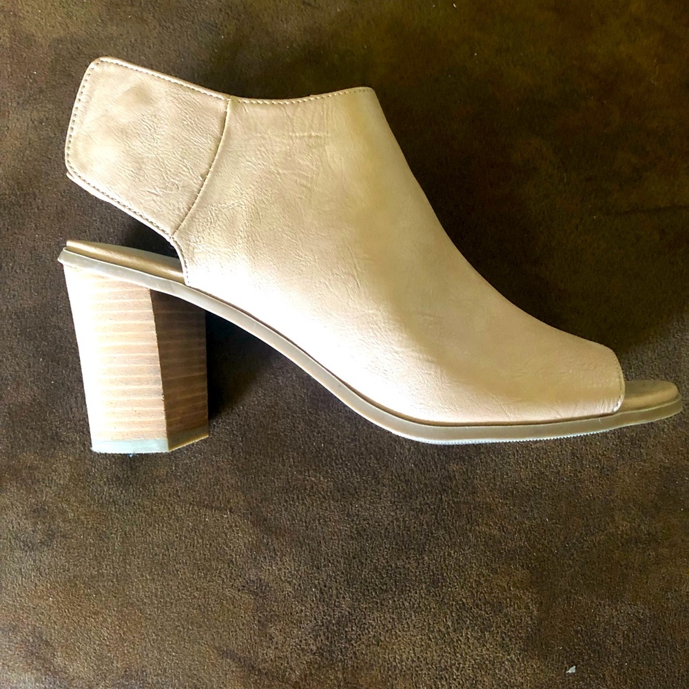 Tan faux leather open toe booties